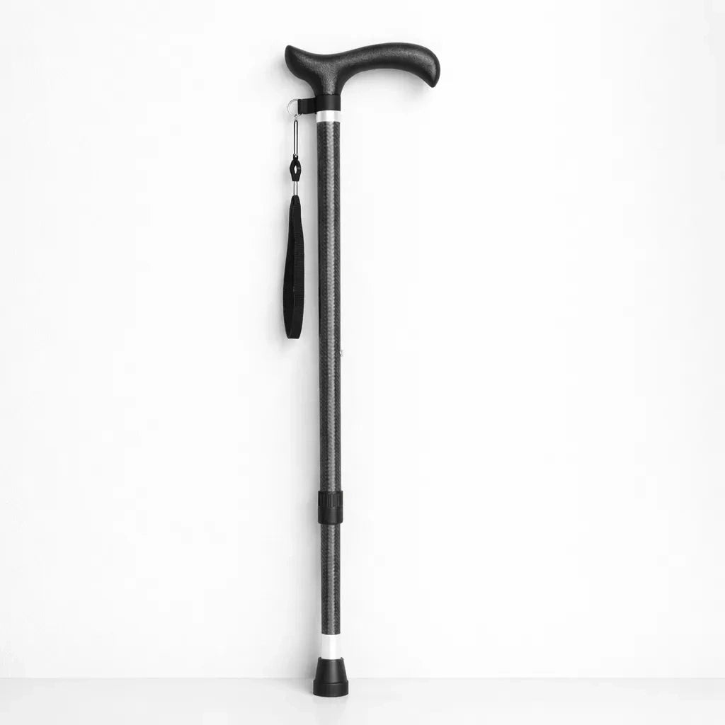 Sort carbon gangstok med kulfiber-mønster, ergonomisk T-greb og justerbar låsering