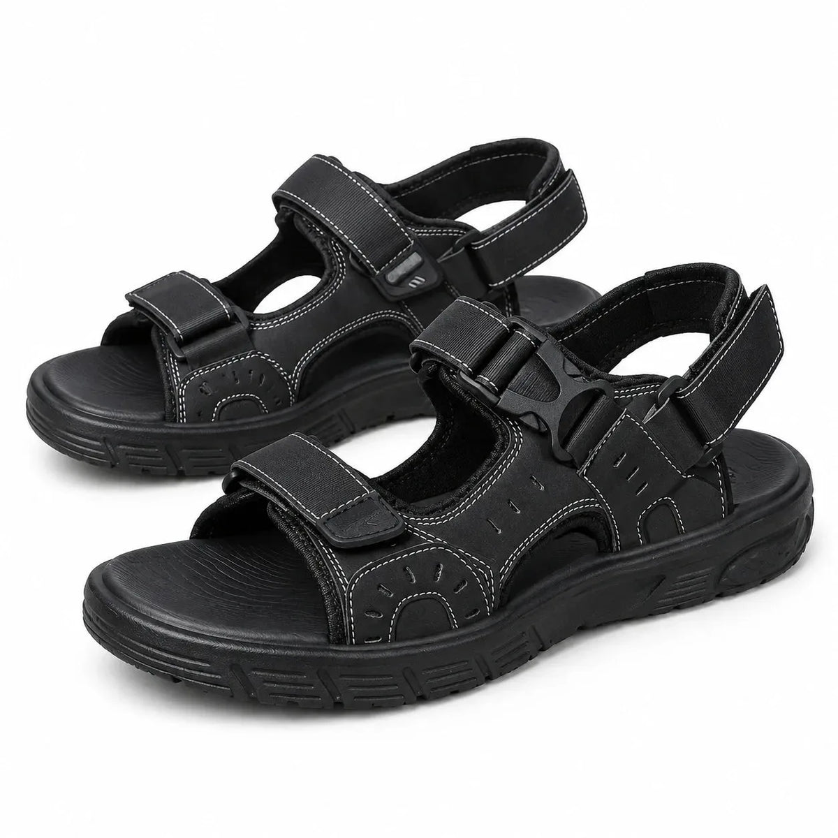 Sorte herresandaler med dobbelt velcro og perforeret tekstil