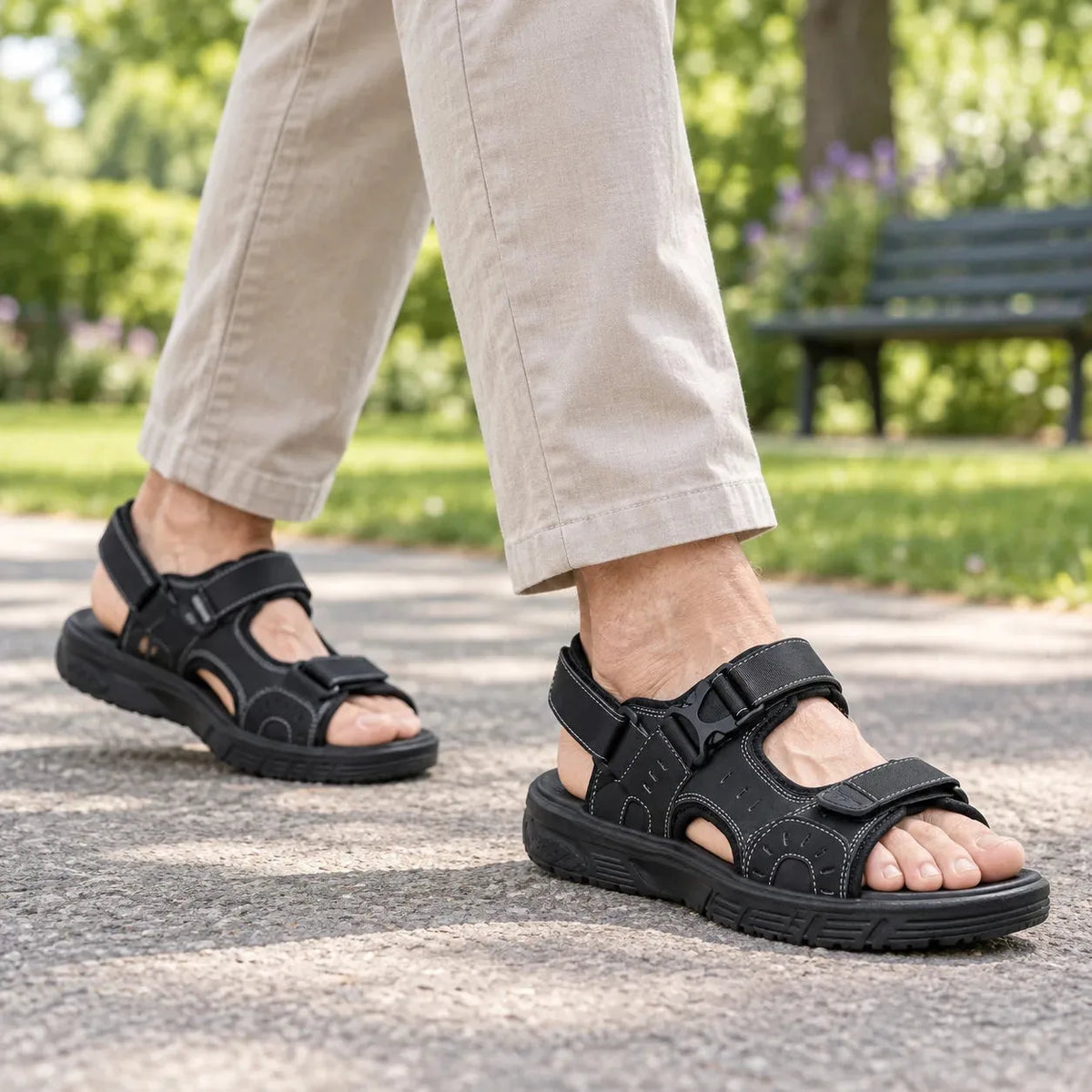 Mand i sorte FjordWalk sandaler med EVA-sål på gåtur