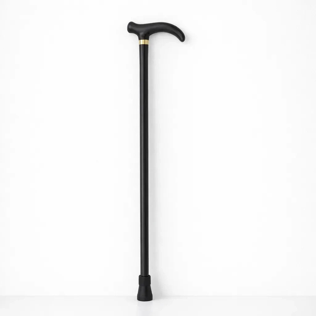 Sort justerbar letvægtsstok med ergonomisk krogformet håndtag og guldfarvet detalje