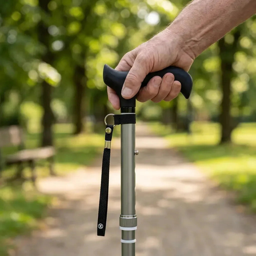 Udvidet ergonomisk sølv stok brugt udendørs på parksti