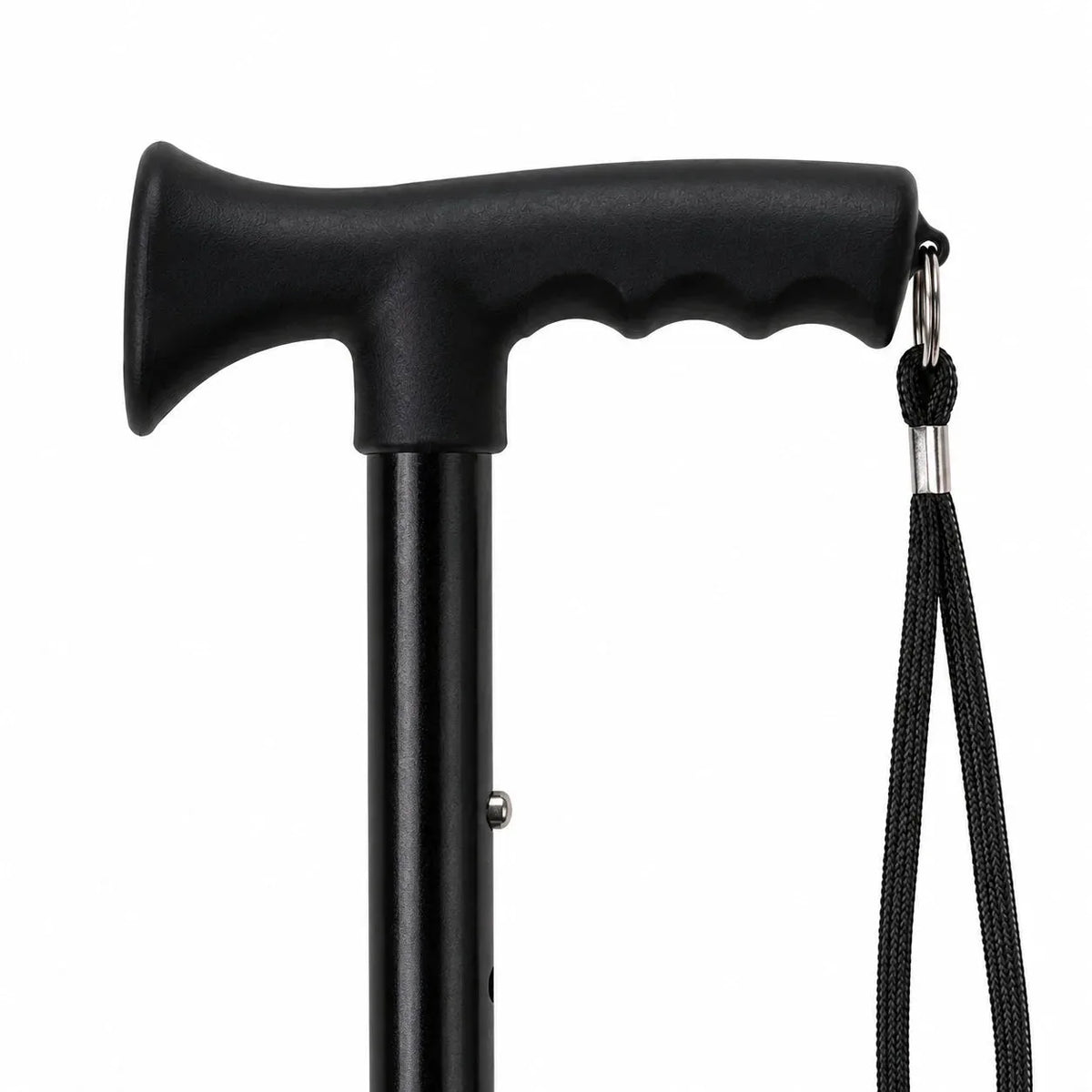 Sort metalstok med buet ergonomisk T-greb og metaludløsning, sideprofil