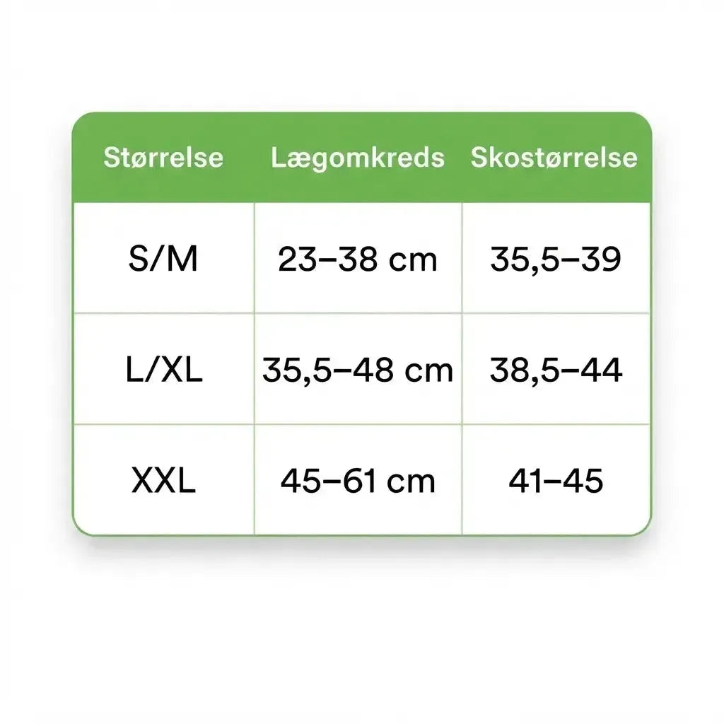 Størrelsesguide for sorte støttestrømper med mål for lægomkreds og skostørrelse